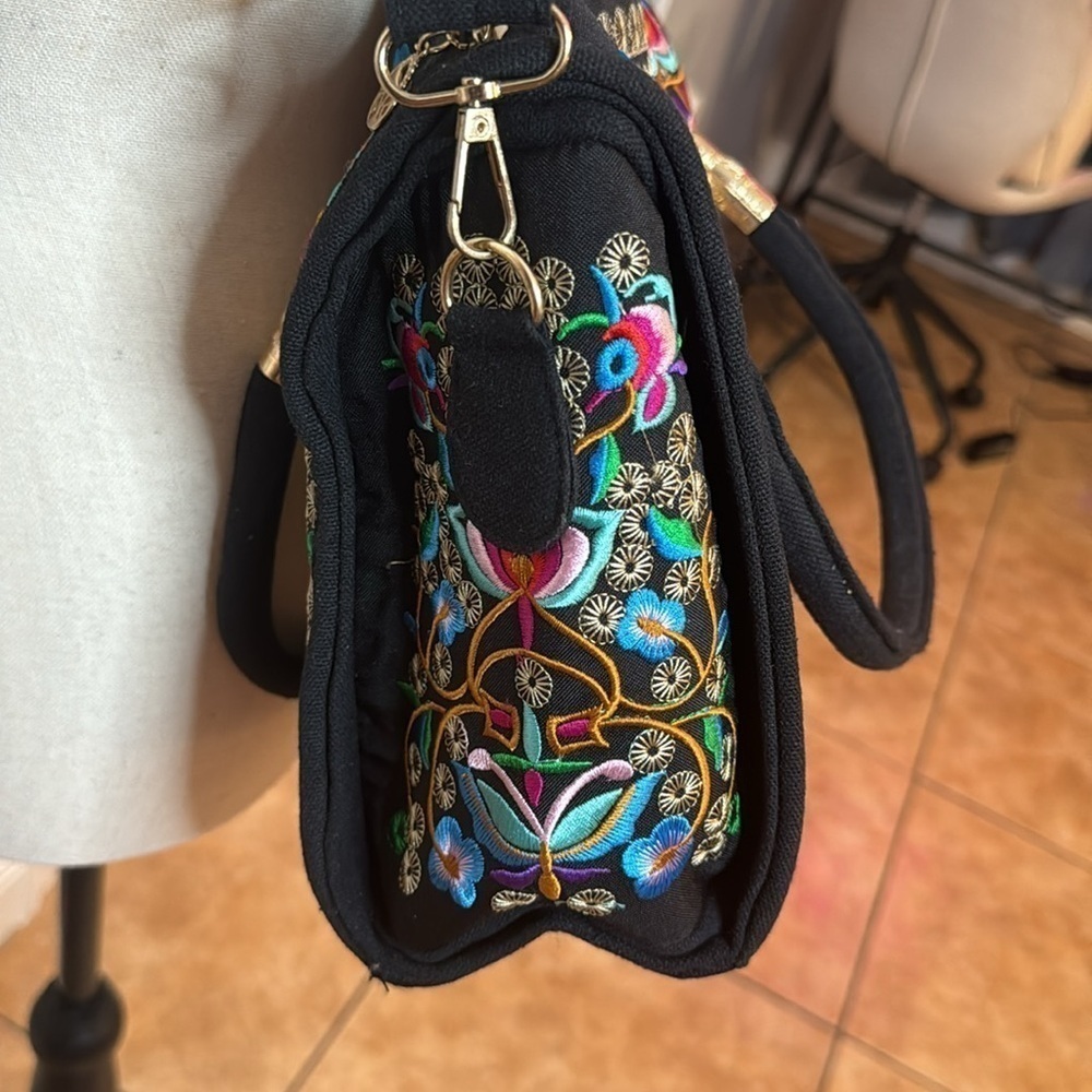 Daubdo Black Floral Canvas Embroidered Casual Shoulder Satchel Bag - Picture 5 of 11